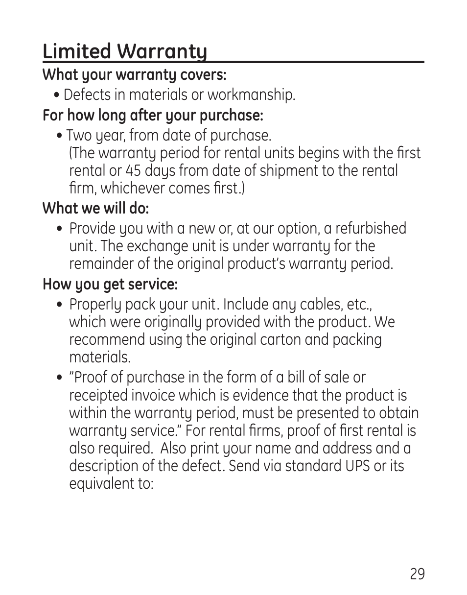 Limited warranty | GE 958 User Manual | Page 29 / 72