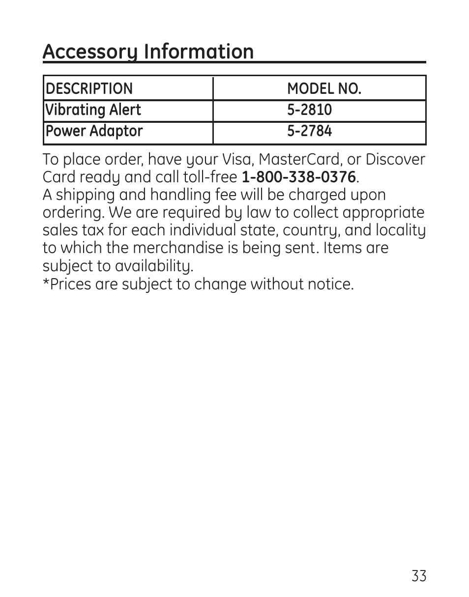 Accessory information | GE 958 User Manual | Page 33 / 72