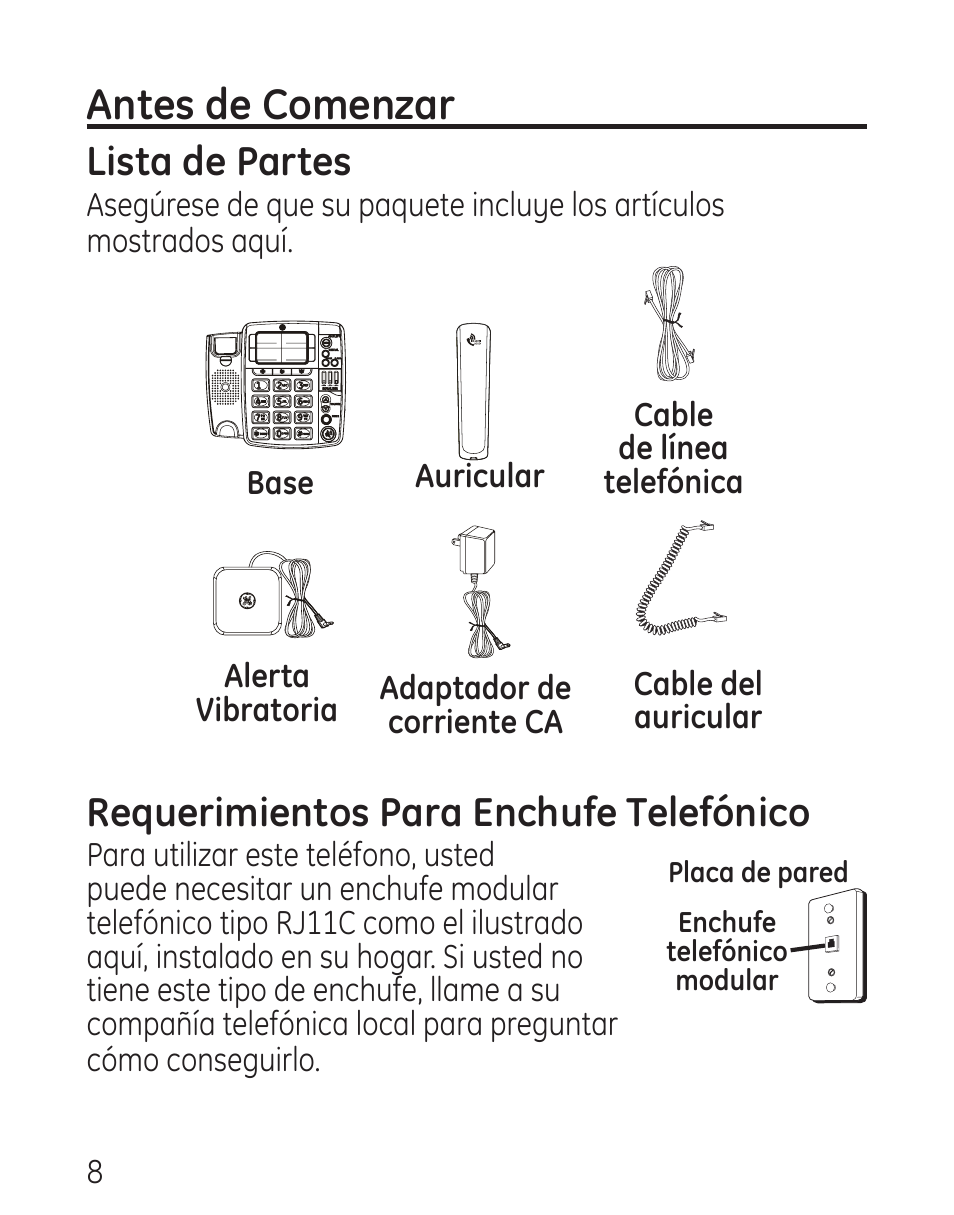 Antes de comenzar, Lista de partes, Requerimientos para enchufe telefónico | GE 958 User Manual | Page 44 / 72