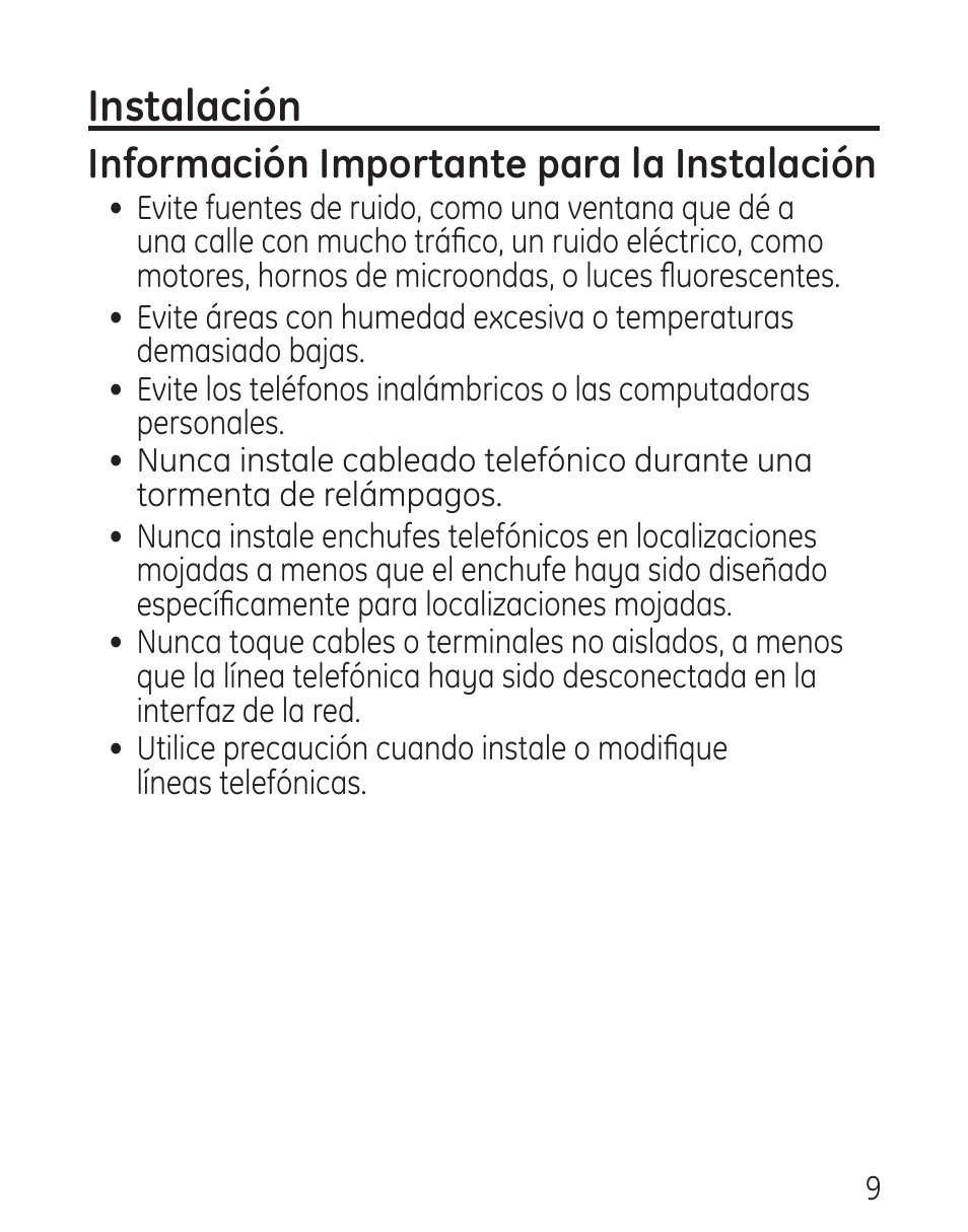 Instalación, Información importante para la instalación | GE 958 User Manual | Page 45 / 72