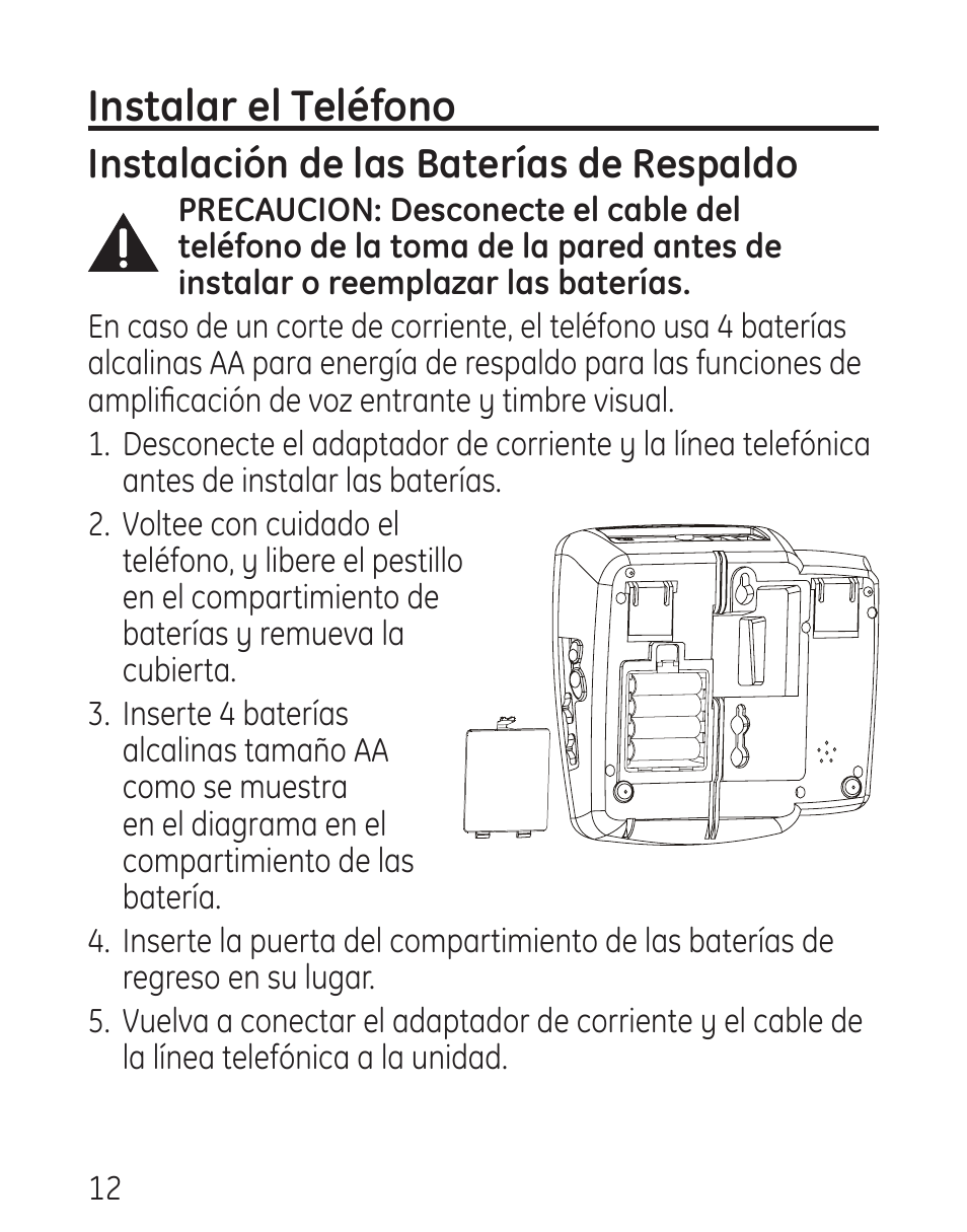 Instalar el teléfono, Instalación de las baterías de respaldo | GE 958 User Manual | Page 48 / 72