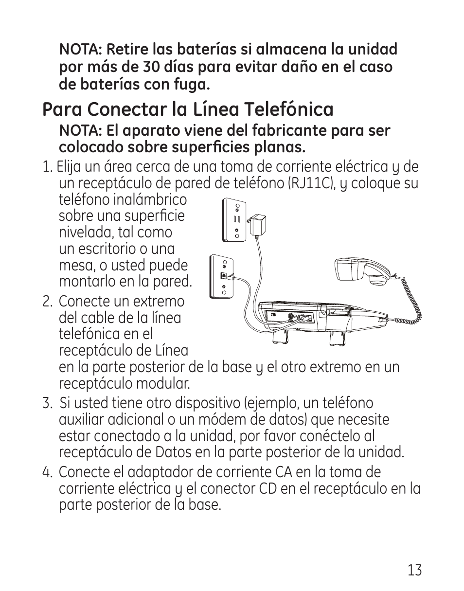 Para conectar la línea telefónica | GE 958 User Manual | Page 49 / 72