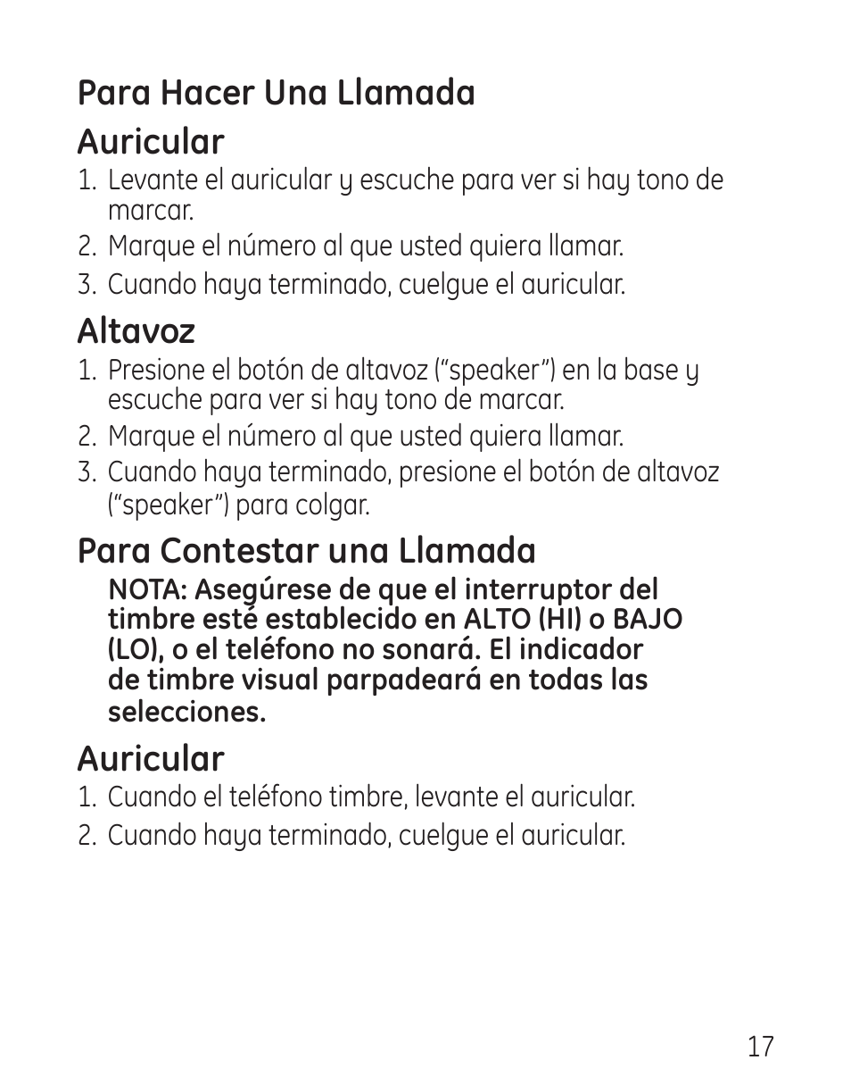 Para hacer una llamada auricular, Altavoz, Para contestar una llamada | Auricular | GE 958 User Manual | Page 53 / 72