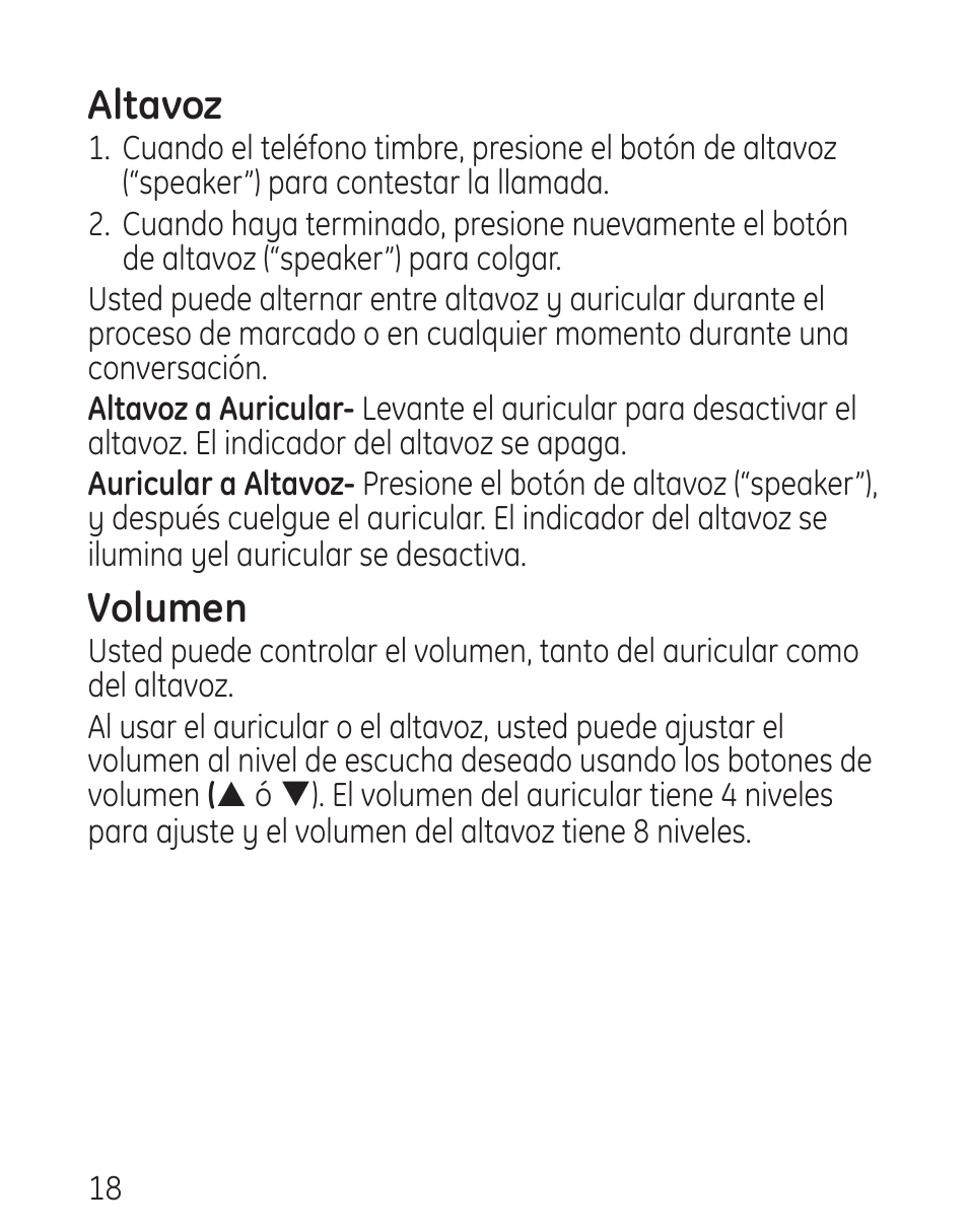 Altavoz, Volumen | GE 958 User Manual | Page 54 / 72