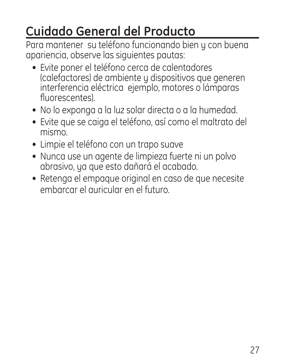 Cuidado general del producto | GE 958 User Manual | Page 63 / 72
