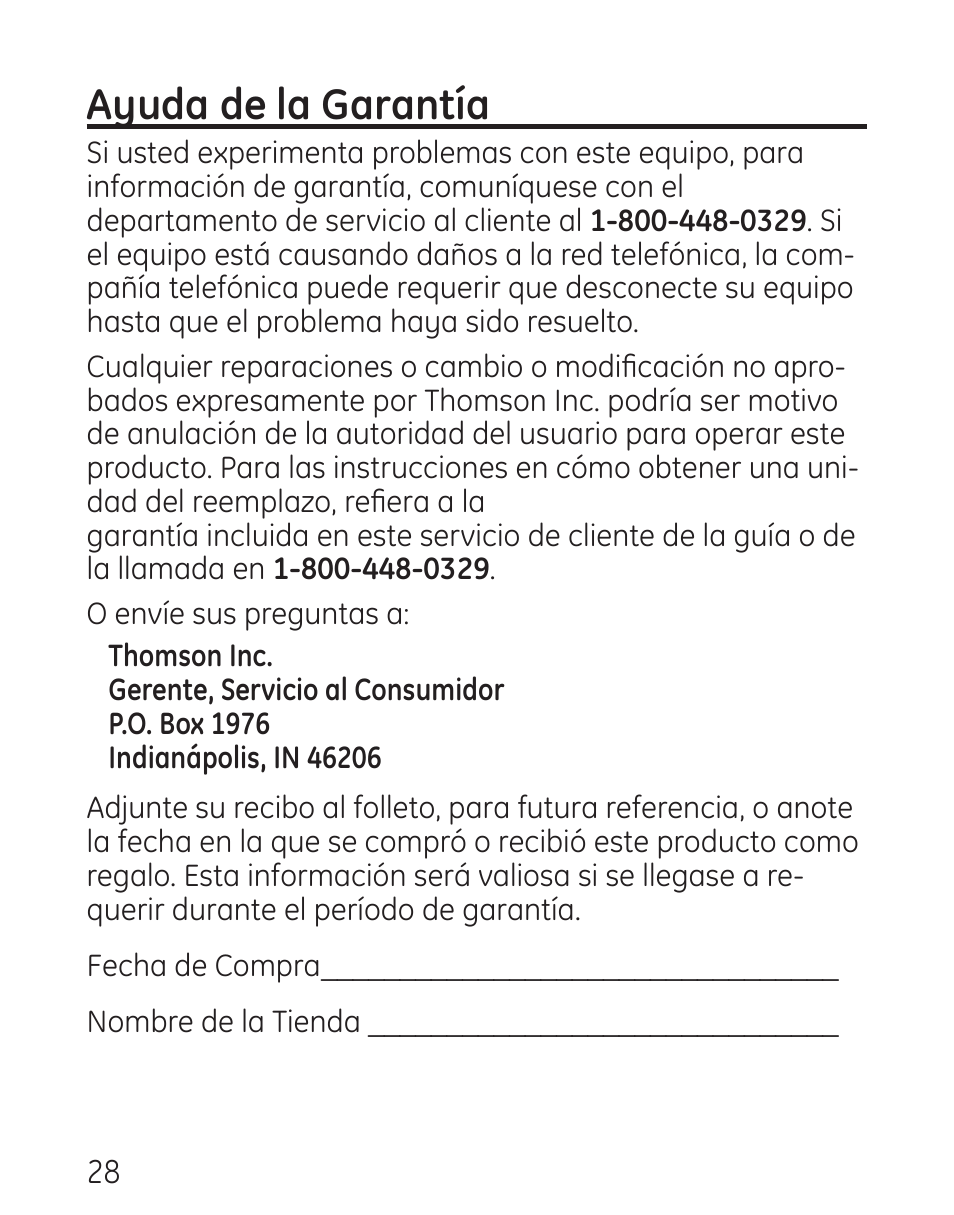 Ayuda de la garantía | GE 958 User Manual | Page 64 / 72