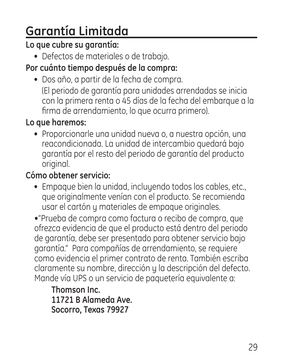 Garantía limitada | GE 958 User Manual | Page 65 / 72