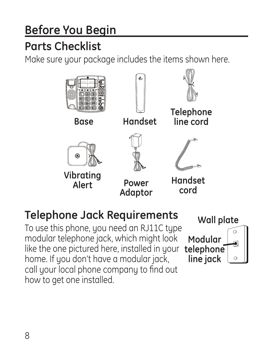 Before you begin, Parts checklist, Telephone jack requirements | GE 958 User Manual | Page 8 / 72