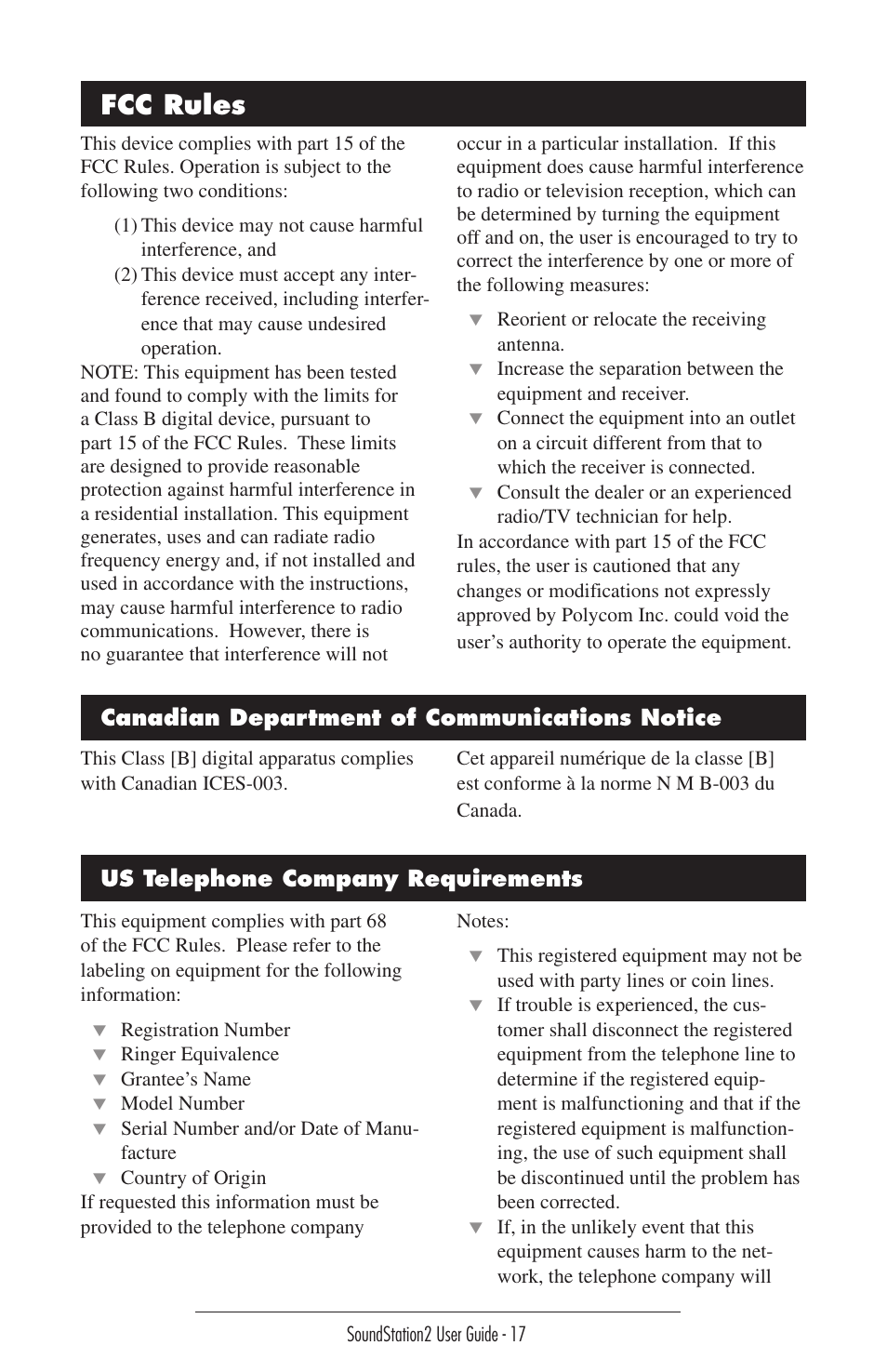 Fcc rules | GE SoundStation2 User Manual | Page 17 / 22