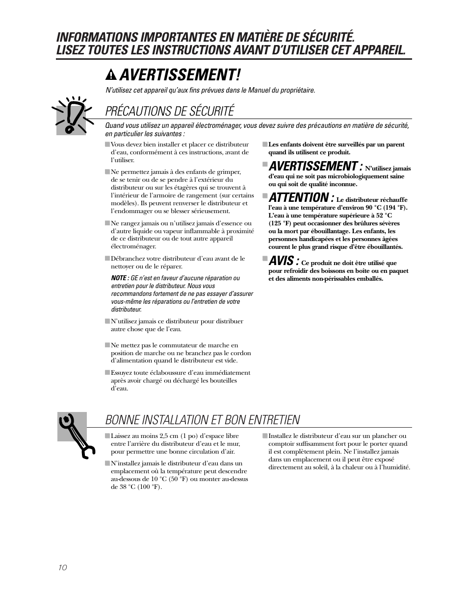 Informations en matière de sécurité, Avertissement, Précautions de sécurité | Attention, Avis | GE GXCC01D User Manual | Page 10 / 28