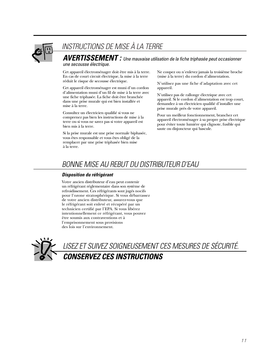 Instructions de mise à la terre, Avertissement, Bonne mise au rebut du distributeur d’eau | GE GXCC01D User Manual | Page 11 / 28