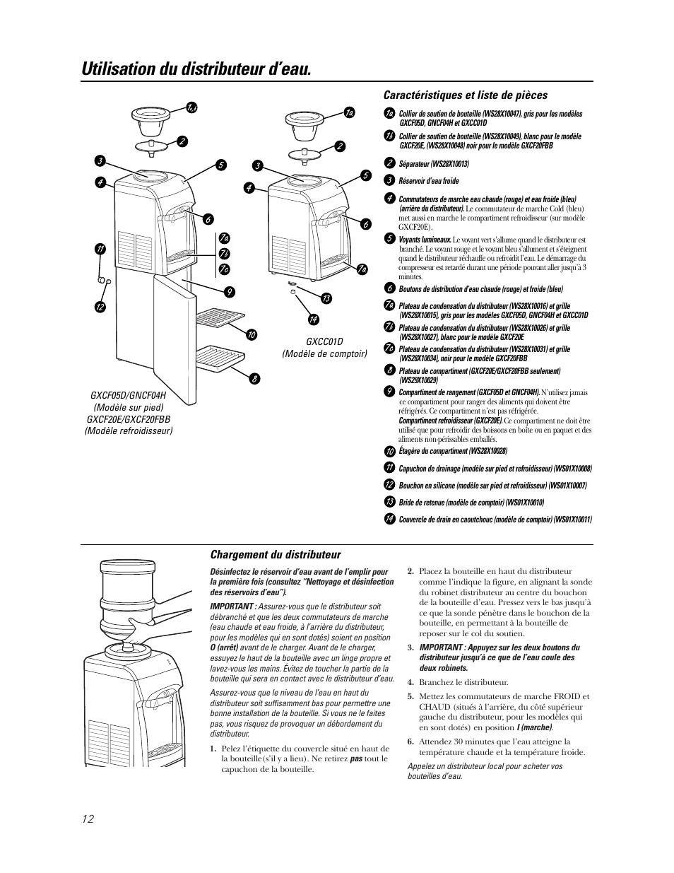 Caractéristiques et liste de pièces, Chargement du distributeur, Utilisation du distributeur d’eau | GE GXCC01D User Manual | Page 12 / 28