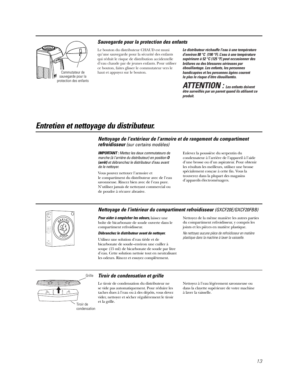 Sauvegarde pour la protection des enfants, Entretien et nettoyage, Attention | Entretien et nettoyage du distributeur | GE GXCC01D User Manual | Page 13 / 28