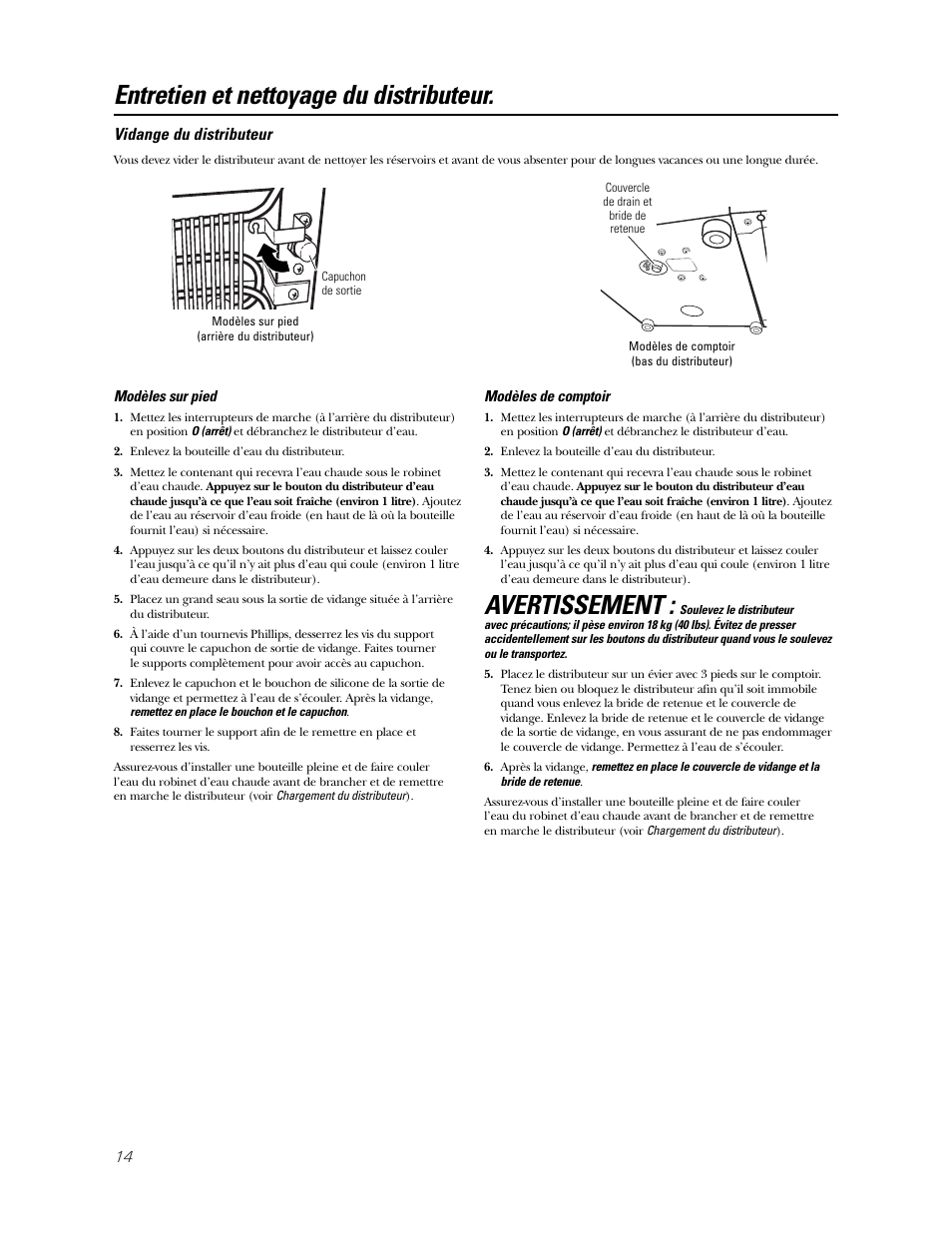 Avertissement, Entretien et nettoyage du distributeur | GE GXCC01D User Manual | Page 14 / 28