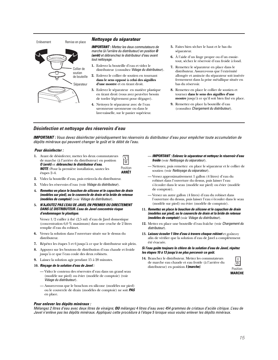 15 désinfection et nettoyage des réservoirs d’eau, Nettoyage du séparateur | GE GXCC01D User Manual | Page 15 / 28