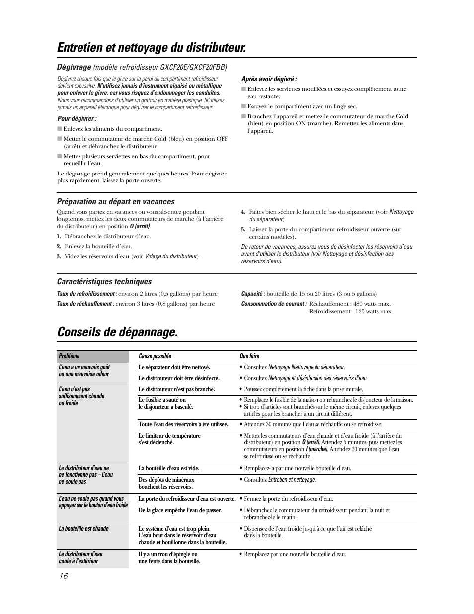 Caractéristiques techniques, Conseils de dépannage | GE GXCC01D User Manual | Page 16 / 28