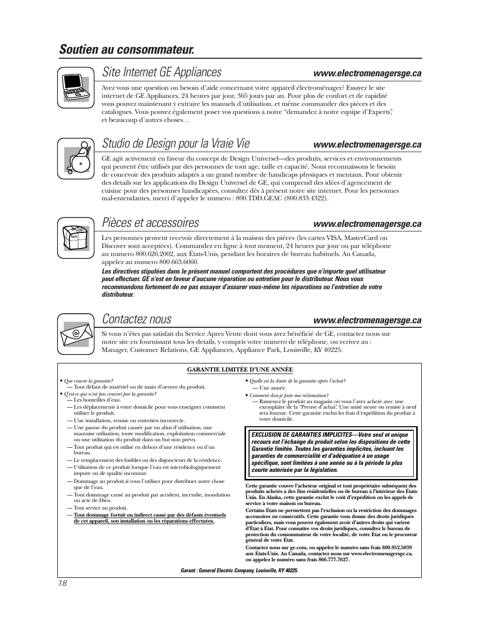 Garantie, Soutien au consommateur, Garantie soutien au consommateur | Studio de design pour la vraie vie, Pièces et accessoires, Contactez nous | GE GXCC01D User Manual | Page 18 / 28