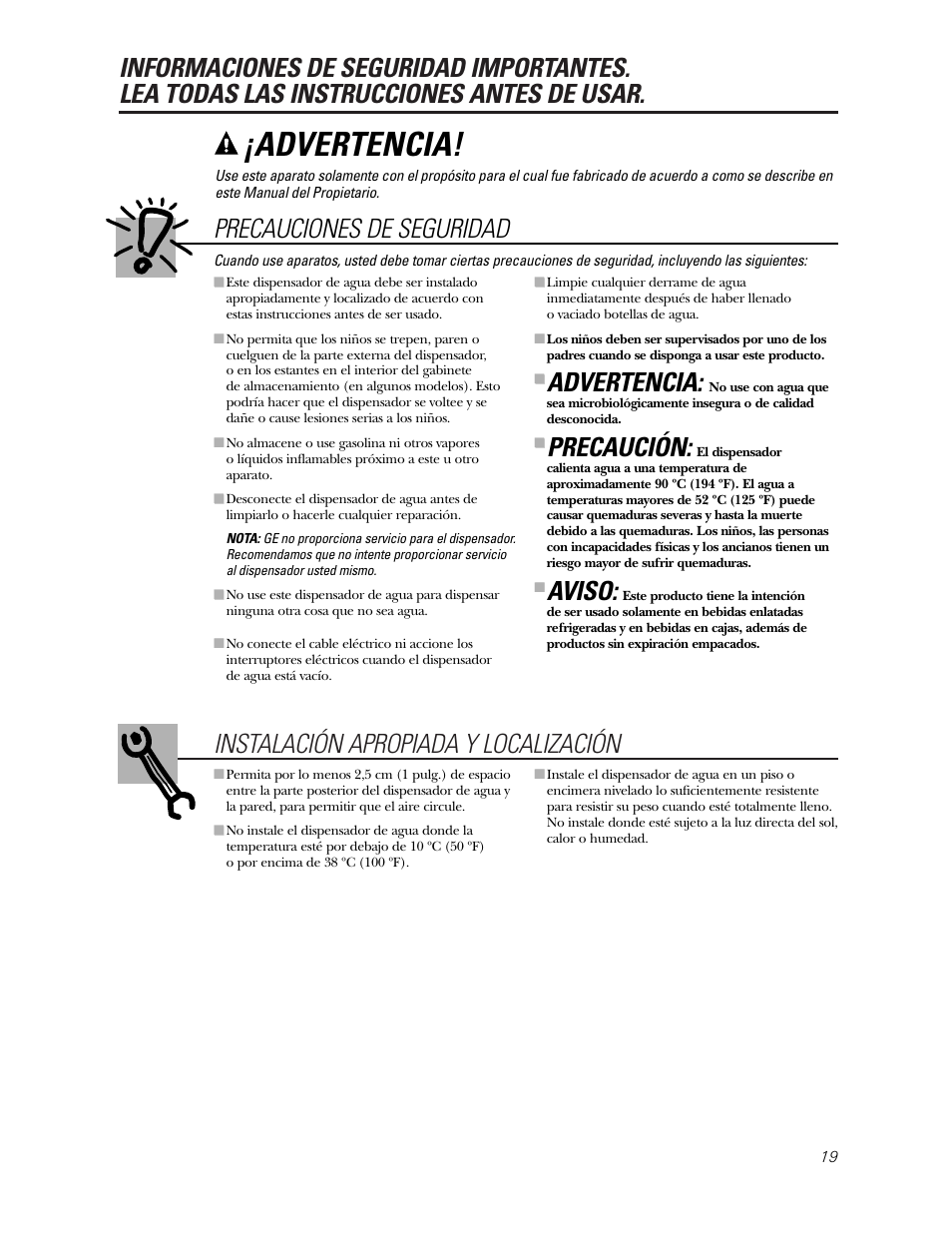 Información de seguridad, Advertencia, Precauciones de seguridad | Precaución, Aviso | GE GXCC01D User Manual | Page 19 / 28