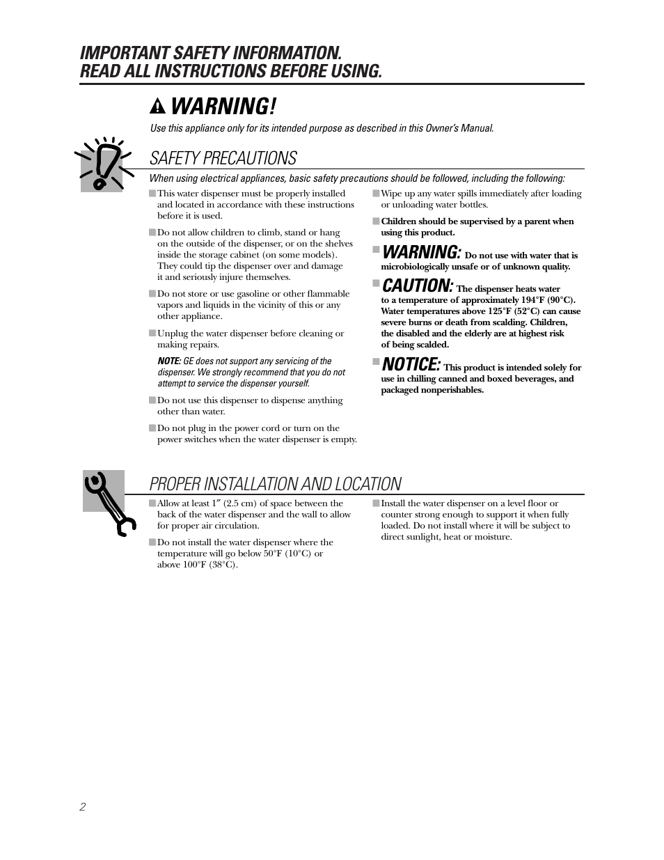 Safety instructions, Warning, Safety precautions | Caution, Notice | GE GXCC01D User Manual | Page 2 / 28