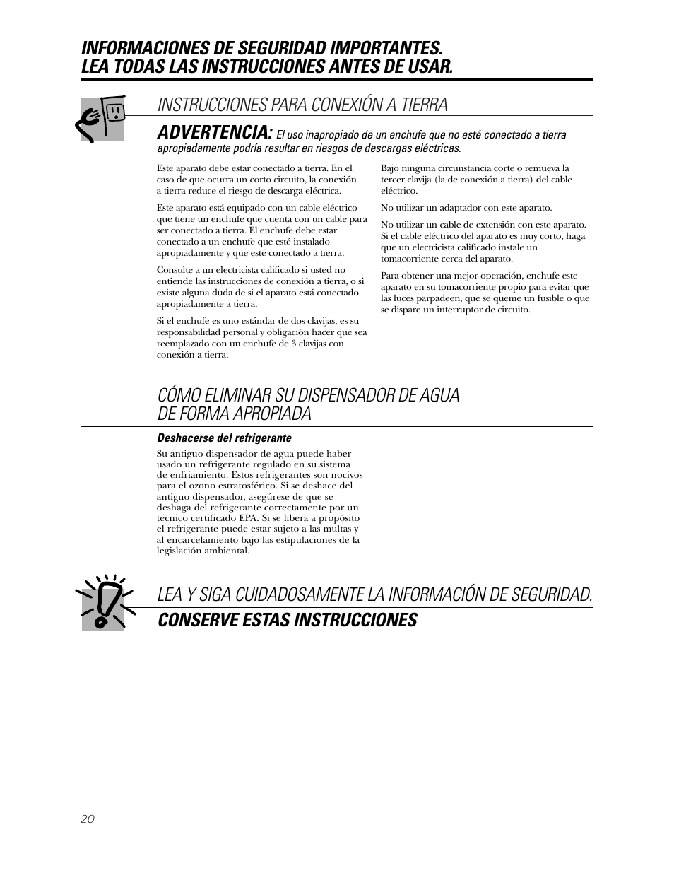 Instrucciones para conexión a tierra, Advertencia | GE GXCC01D User Manual | Page 20 / 28