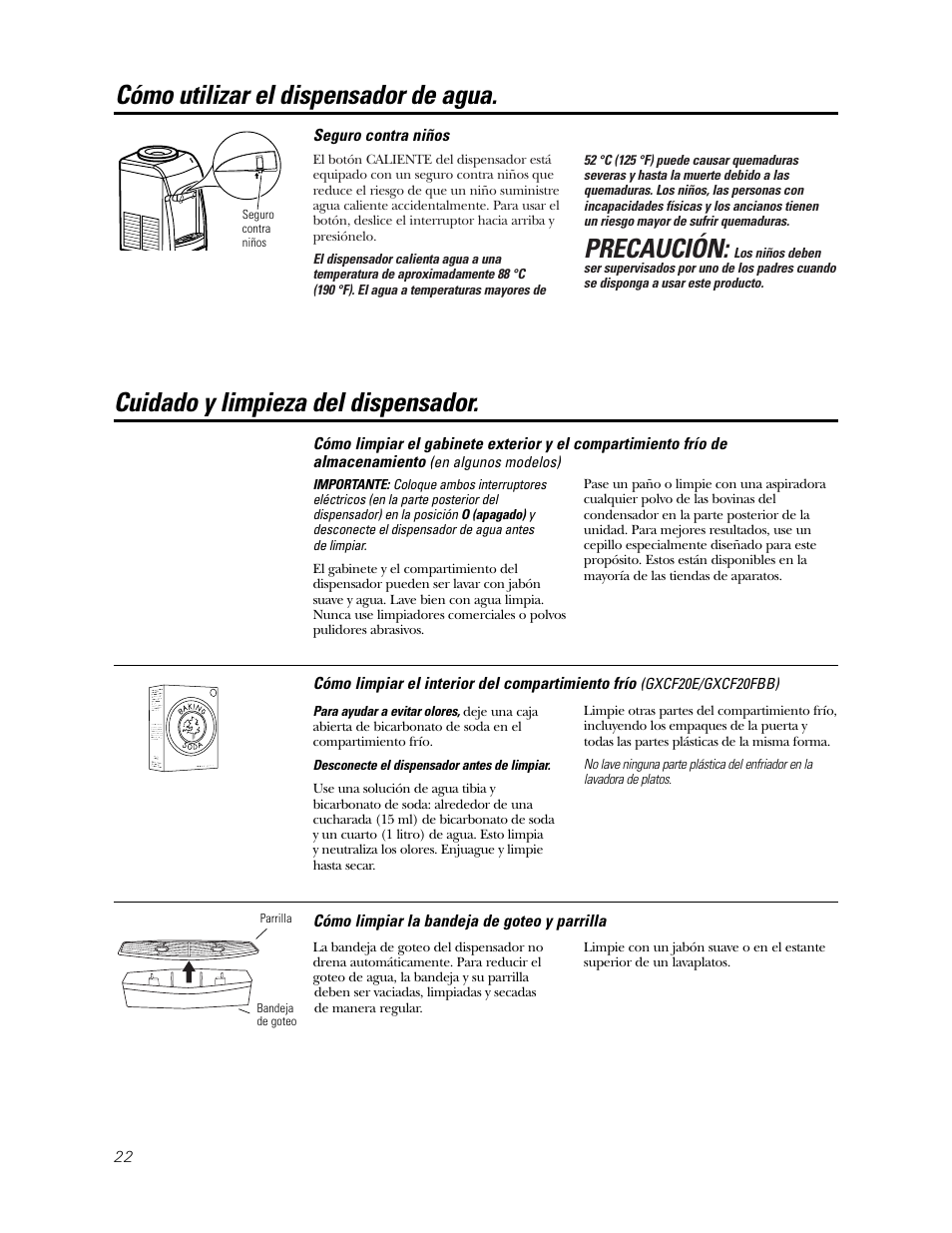 Seguro contra niños, Cuidado y limpieza, Precaución | Cuidado y limpieza del dispensador, Cómo utilizar el dispensador de agua | GE GXCC01D User Manual | Page 22 / 28