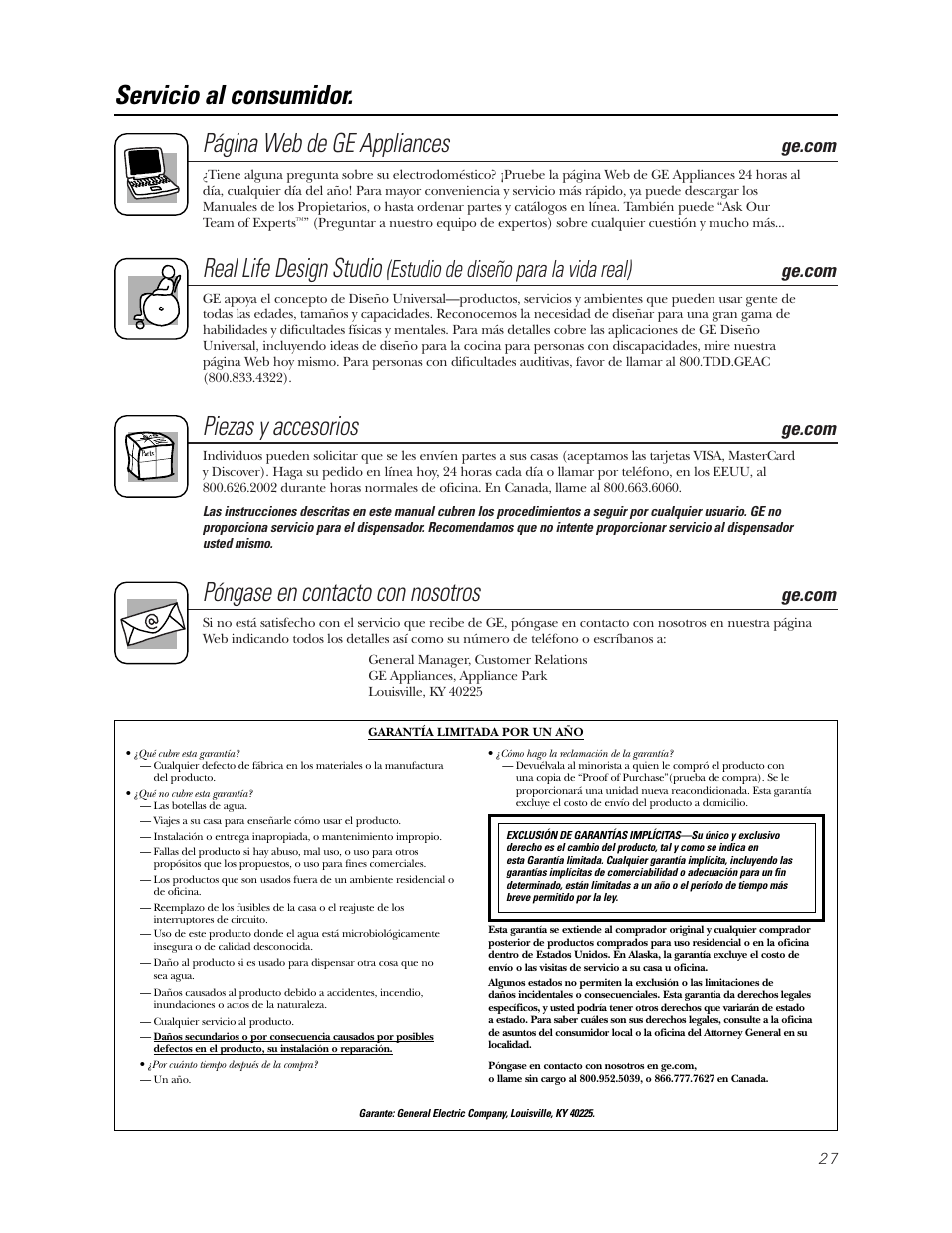 Garantía, Apoyo al consumidor, Garantía apoyo al consumidor | Página web de ge appliances, Real life design studio, Piezas y accesorios, Póngase en contacto con nosotros, Servicio al consumidor, Estudio de diseño para la vida real) | GE GXCC01D User Manual | Page 27 / 28