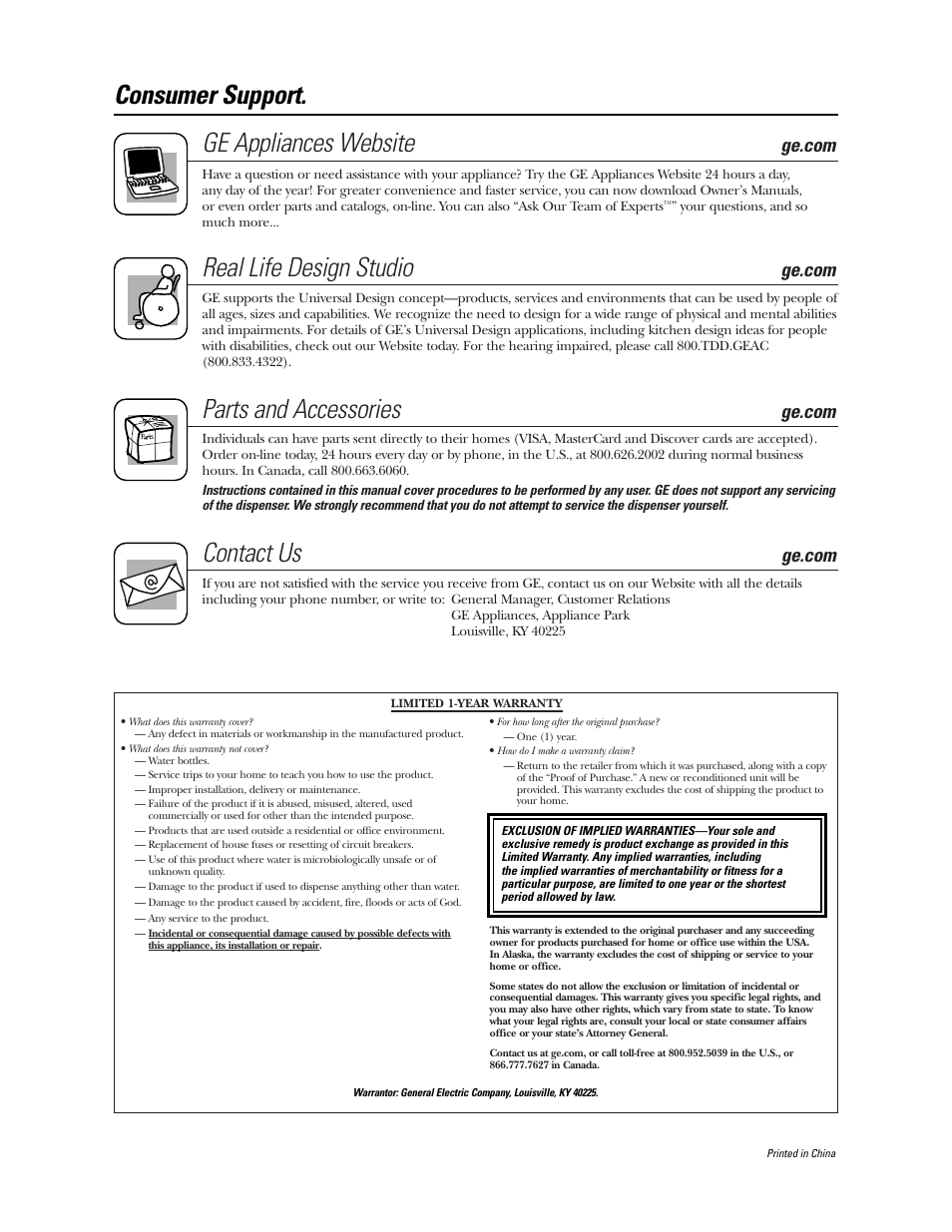 Consumer support, Warranty, Ge appliances website | Real life design studio, Parts and accessories, Contact us | GE GXCC01D User Manual | Page 28 / 28