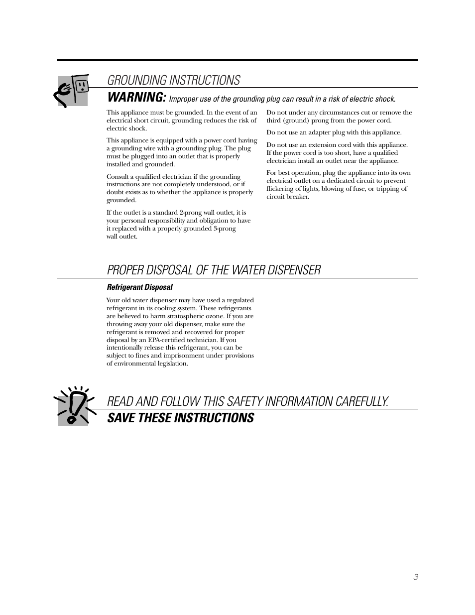 Grounding instructions, Warning, Proper disposal of the water dispenser | GE GXCC01D User Manual | Page 3 / 28