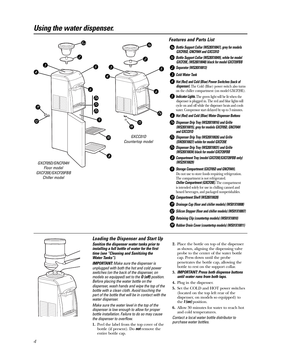 Features and parts list, Loading the dispenser, Features and parts list loading the dispenser | Using the water dispenser | GE GXCC01D User Manual | Page 4 / 28