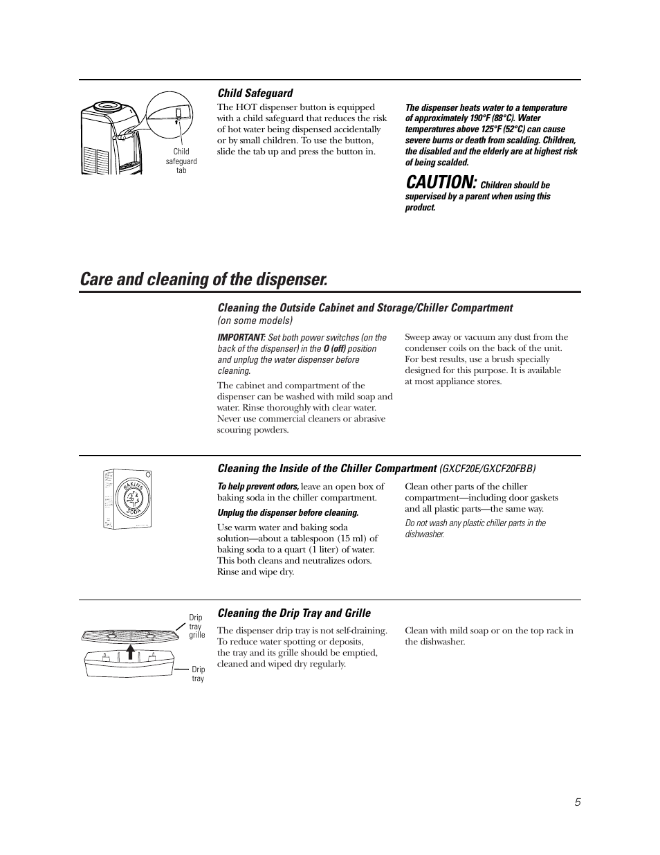 Child safeguard, Care and cleaning, Care and cleaning of the dispenser | Caution | GE GXCC01D User Manual | Page 5 / 28