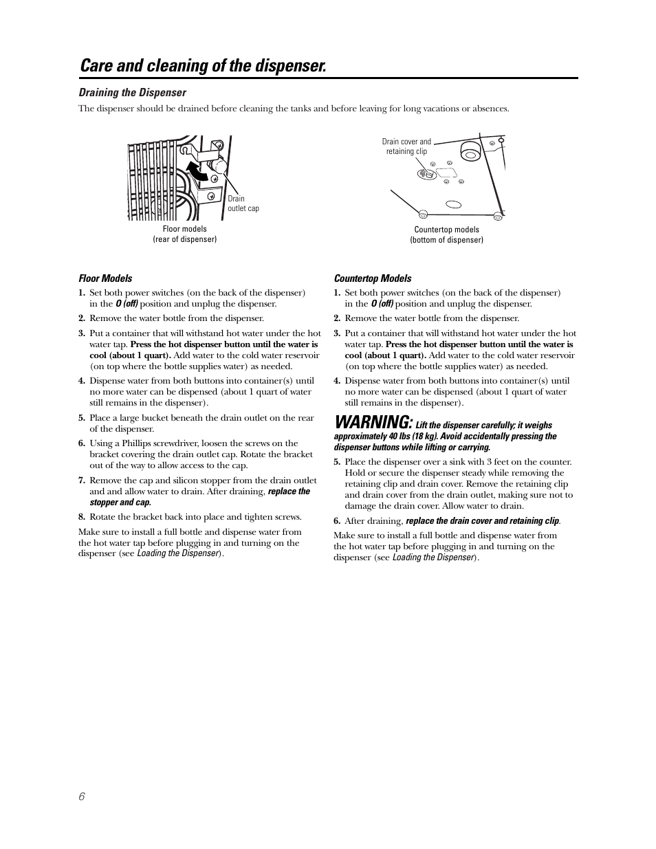 Warning, Care and cleaning of the dispenser | GE GXCC01D User Manual | Page 6 / 28