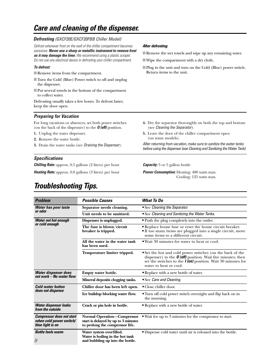 Specifications, Troubleshooting tips, Care and cleaning of the dispenser | GE GXCC01D User Manual | Page 8 / 28