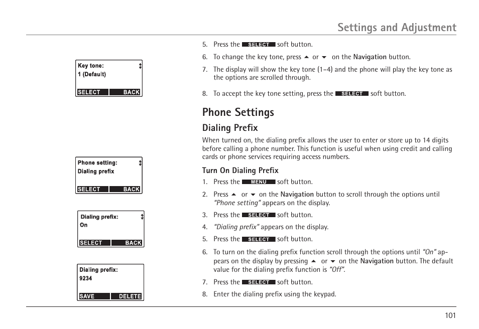 Phone settings, Settings and adjustment, Dialing prefix | GE 25450 User Manual | Page 101 / 124