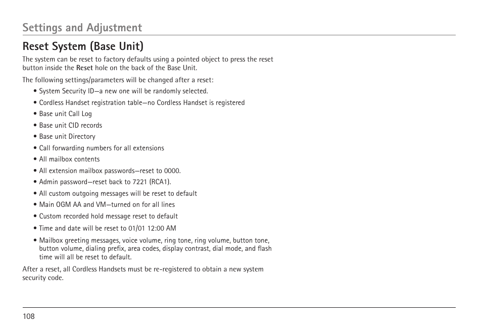 Settings and adjustment reset system (base unit) | GE 25450 User Manual | Page 108 / 124