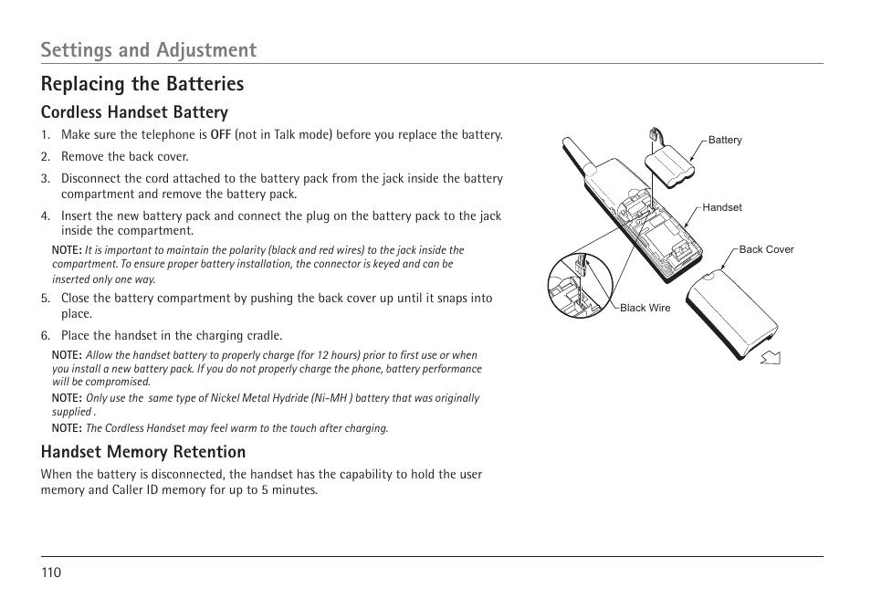 Settings and adjustment replacing the batteries, Cordless handset battery | GE 25450 User Manual | Page 110 / 124