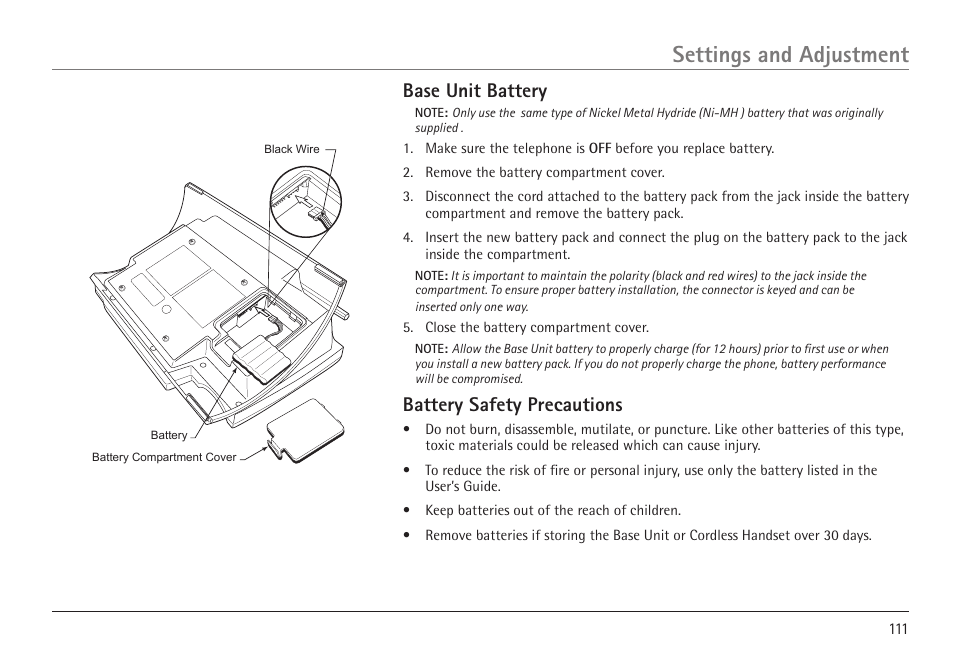 Settings and adjustment, Base unit battery, Battery safety precautions | GE 25450 User Manual | Page 111 / 124