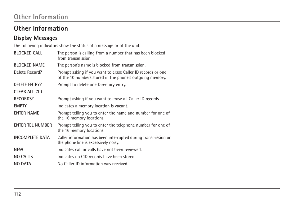 Other information, Display messages | GE 25450 User Manual | Page 112 / 124