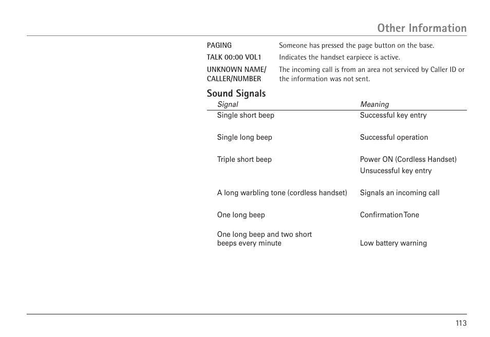 Other information, Sound signals | GE 25450 User Manual | Page 113 / 124