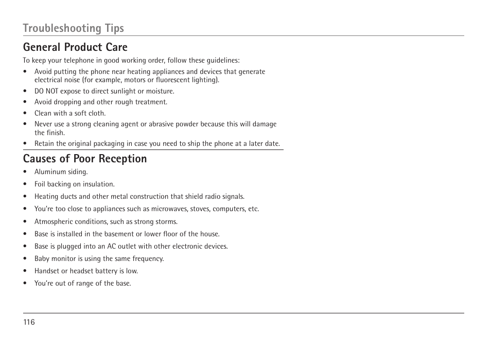 Troubleshooting tips general product care, Causes of poor reception | GE 25450 User Manual | Page 116 / 124