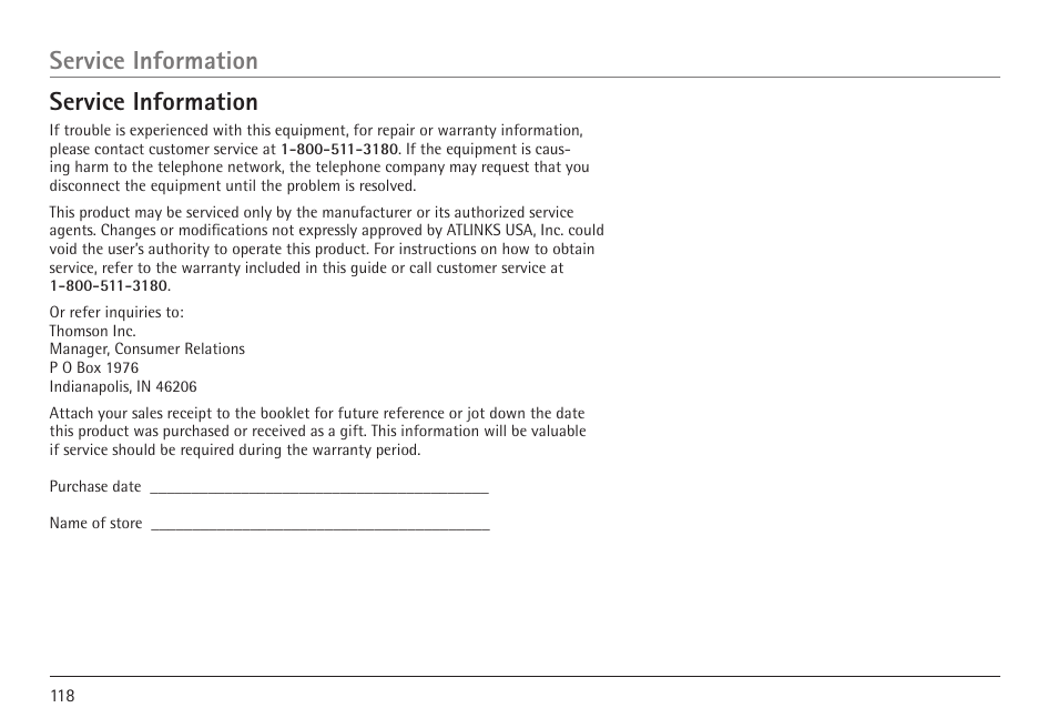 Service information | GE 25450 User Manual | Page 118 / 124