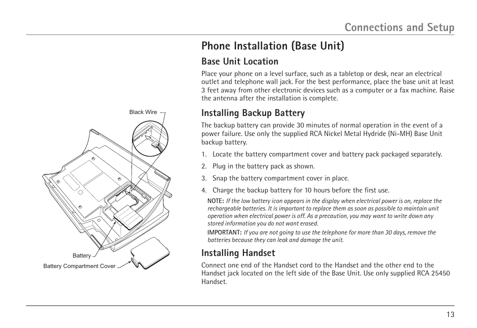 Base unit location, Installing backup battery, Installing handset | GE 25450 User Manual | Page 13 / 124