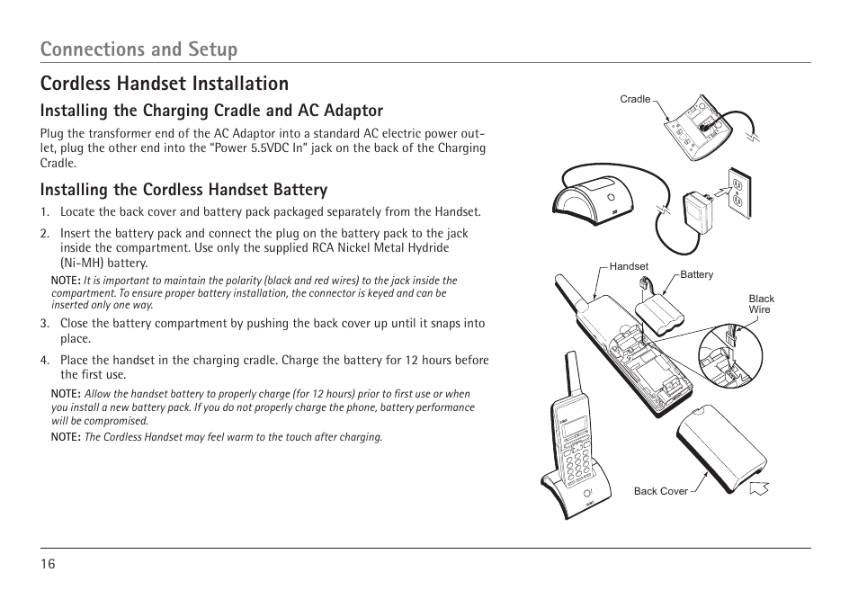 Cordless handset installation, Connections and setup, Installing the charging cradle and ac adaptor | Installing the cordless handset battery | GE 25450 User Manual | Page 16 / 124