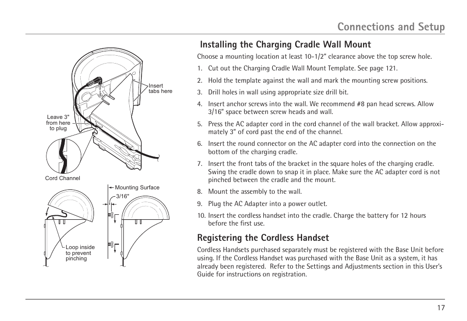 Connections and setup, Installing the charging cradle wall mount, Registering the cordless handset | GE 25450 User Manual | Page 17 / 124