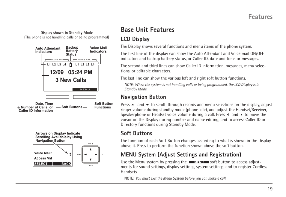 Base unit features, Features, Lcd display | Navigation button, Soft buttons, Menu system (adjust settings and registration) | GE 25450 User Manual | Page 19 / 124