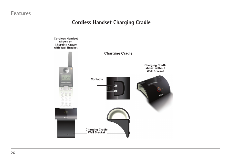 Cordless handset charging cradle features | GE 25450 User Manual | Page 26 / 124