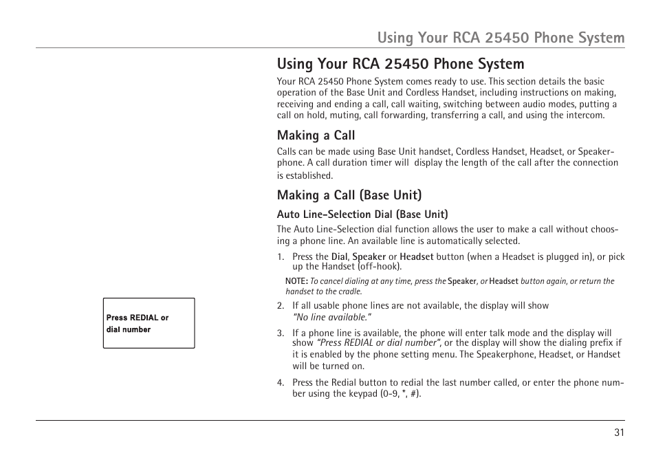 Making a call, Making a call (base unit) | GE 25450 User Manual | Page 31 / 124