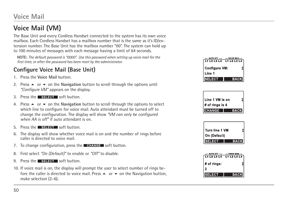 Voice mail (vm), Voice mail, Configure voice mail (base unit) | GE 25450 User Manual | Page 50 / 124