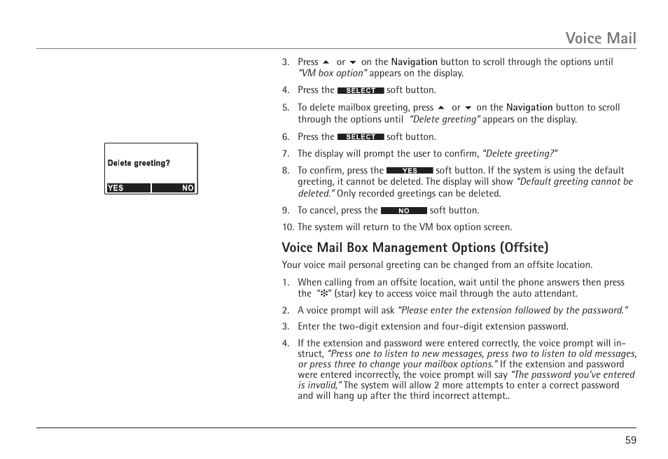Voice mail, Voice mail box management options (offsite) | GE 25450 User Manual | Page 59 / 124