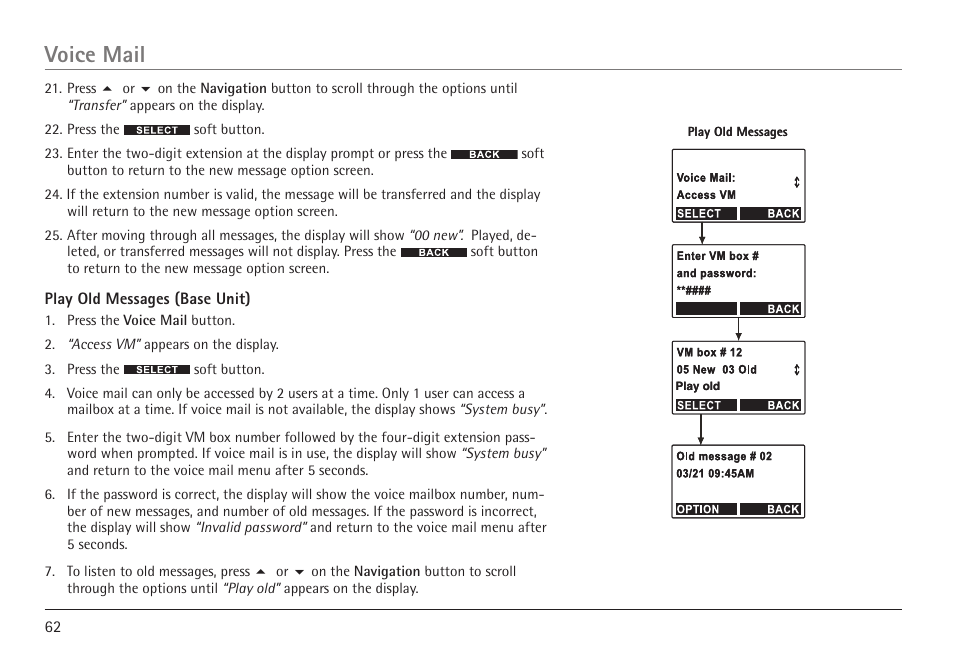 Voice mail | GE 25450 User Manual | Page 62 / 124