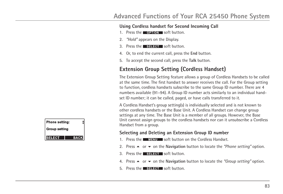 Extension group setting (cordless handset) | GE 25450 User Manual | Page 83 / 124